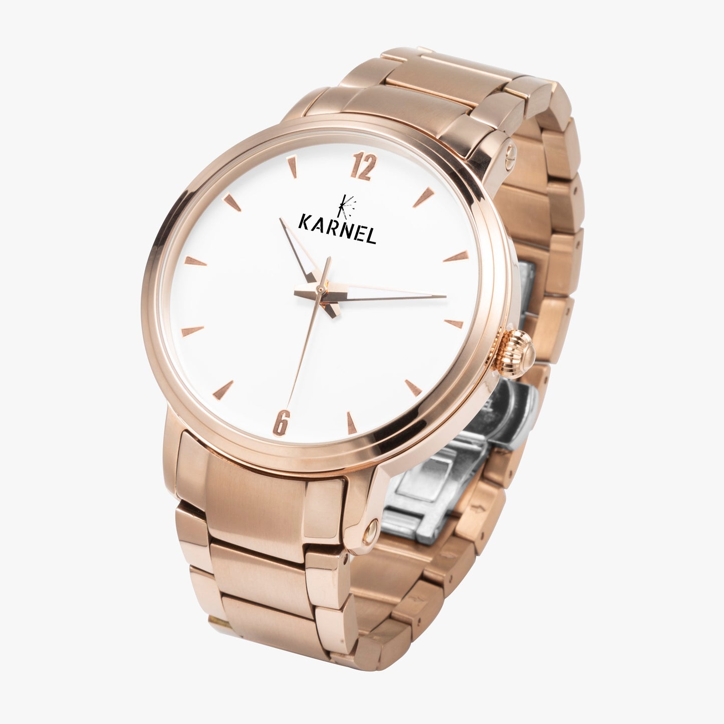 Side-angle view of Karnel Imperium rose gold watch featuring elegant case design and polished rose gold finish