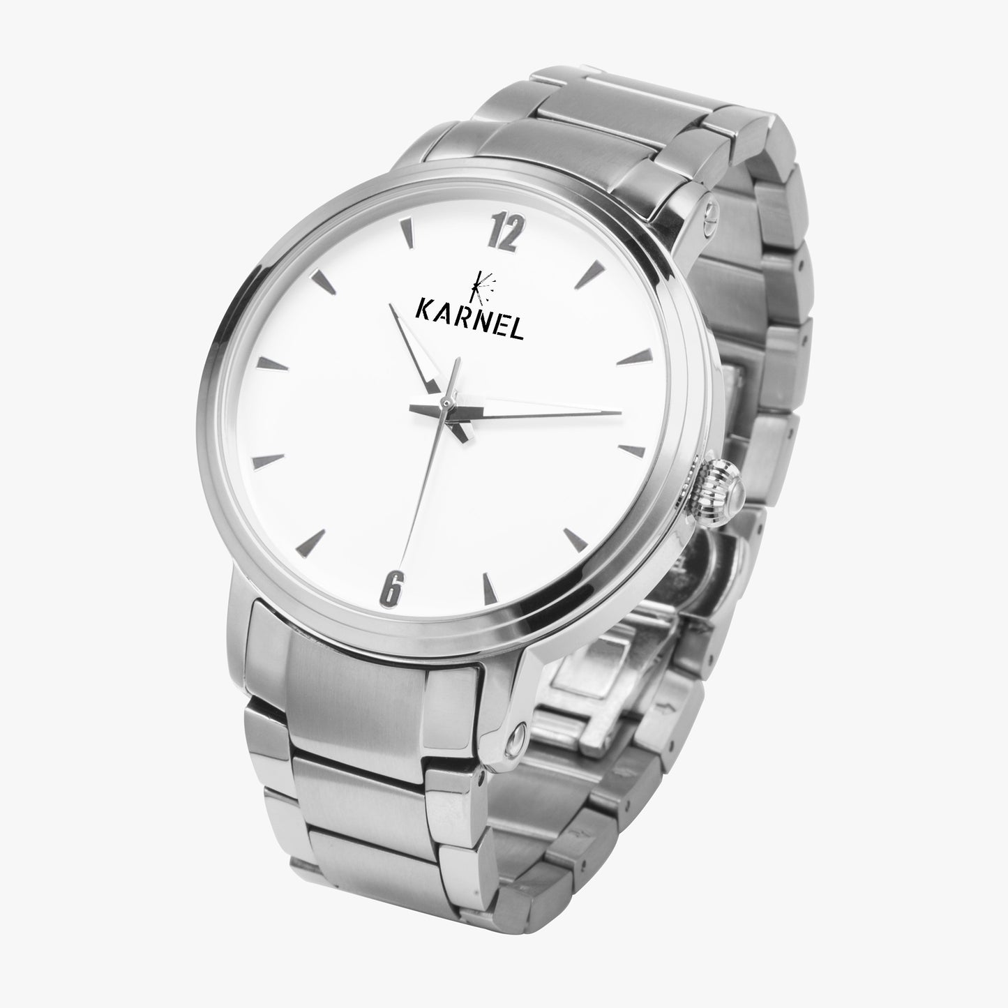 Side-angle view of Karnel Imperium silver watch with polished casing and refined design features