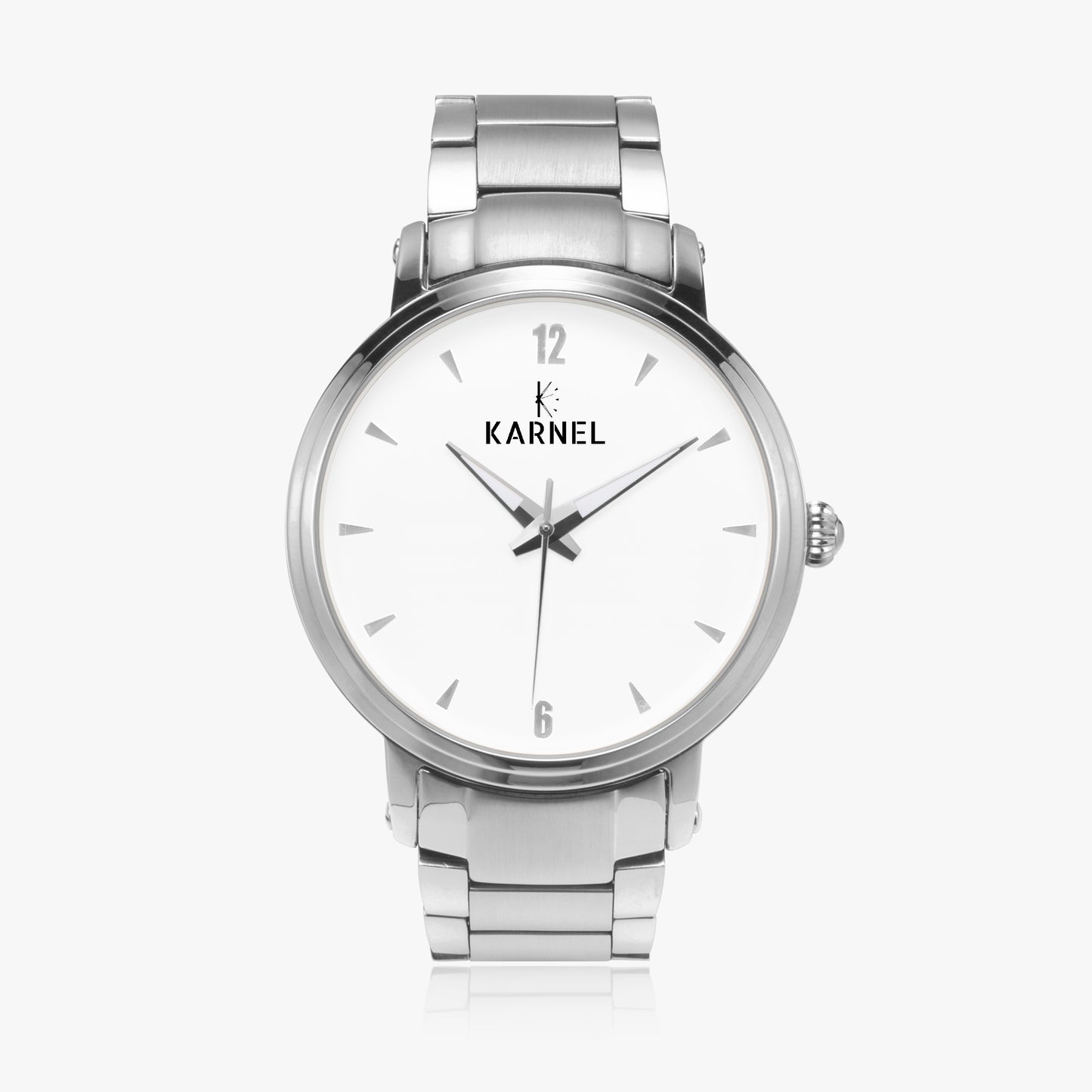 Front view of Karnel Imperium silver watch highlighting sleek dial and polished silver finish