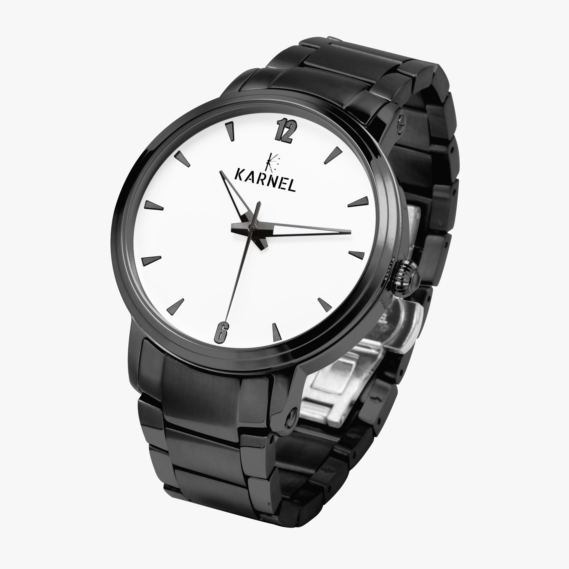 Side-angle view of Karnel Imperium black watch showing sleek case design and bold black finish