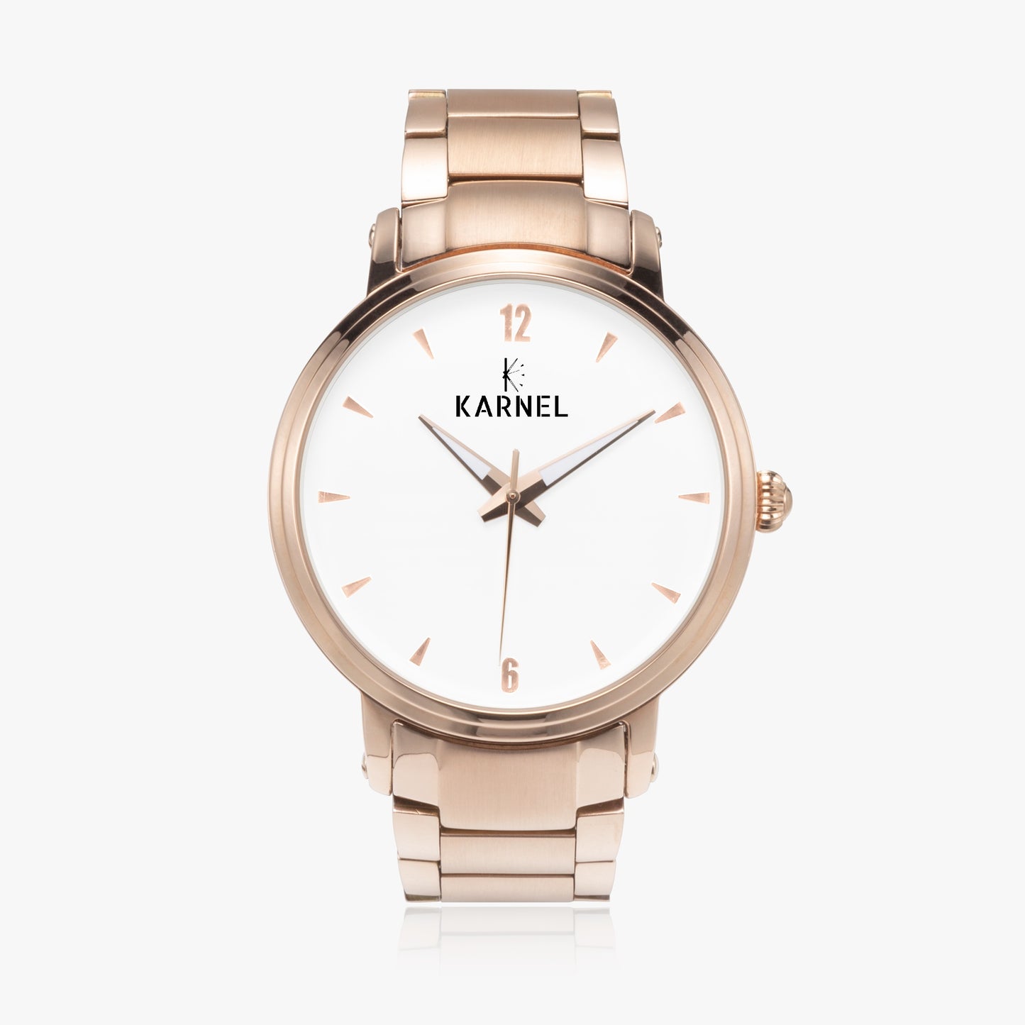 Front view of Karnel Imperium rose gold watch showing sleek dial and luxurious rose gold finish
