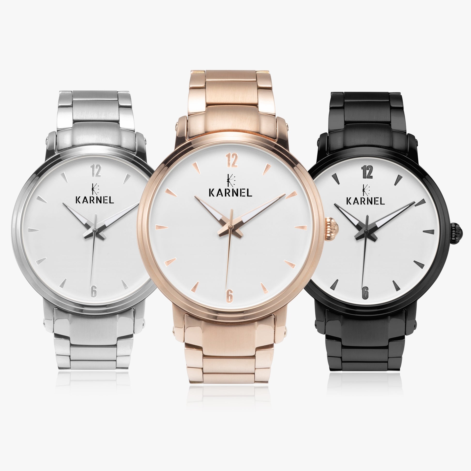 Front-facing view of Karnel Imperium watches in rose gold, silver, and black finishes, showcasing minimalist luxury design and stainless steel craftsmanship