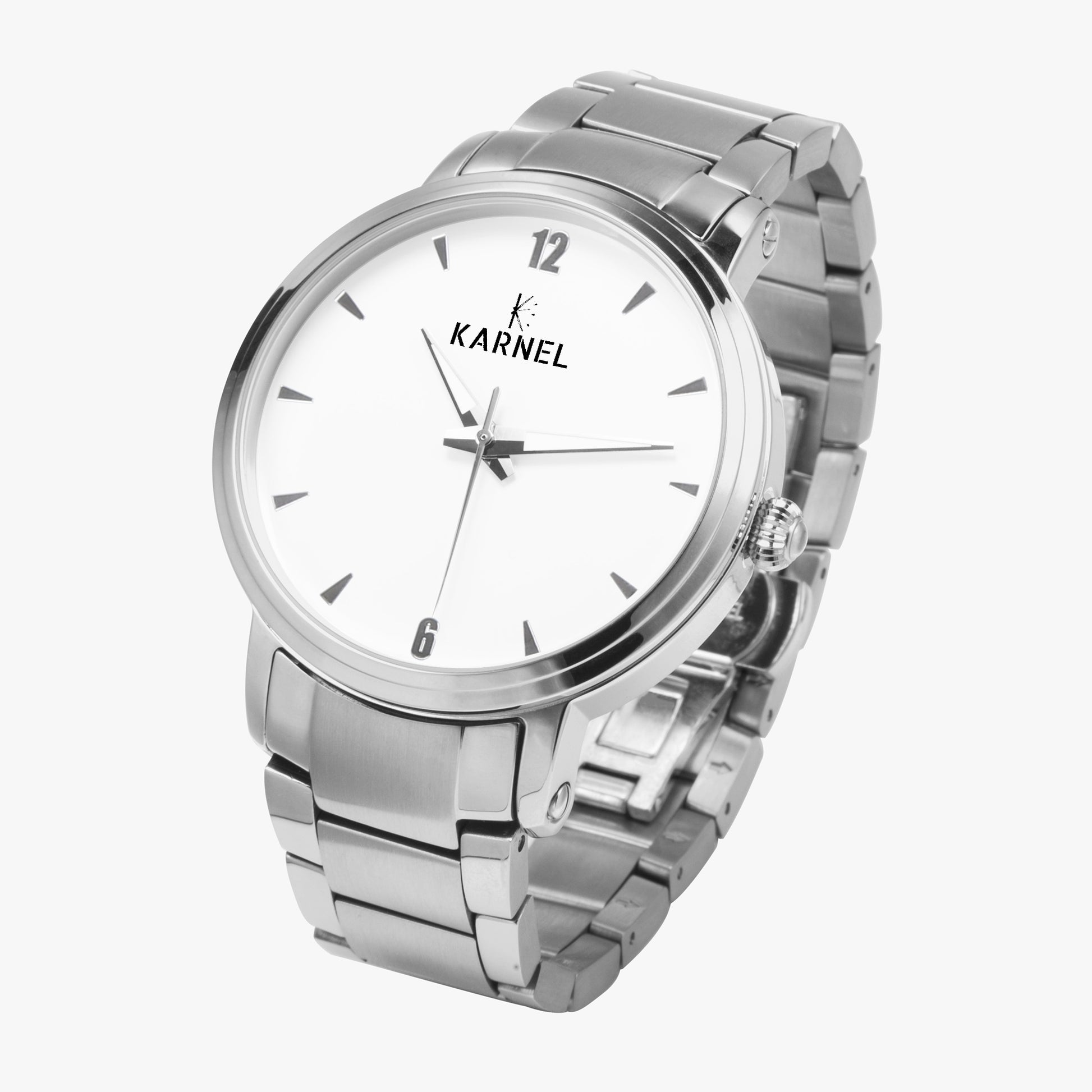 Side-angle view of Karnel Imperium silver watch with polished casing and refined design features